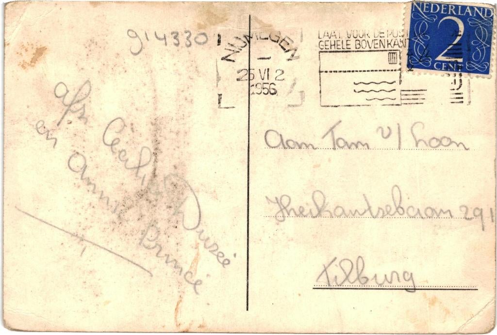 914330 Nijmegen 1956 Gelopen met postzegel, Verzamelen, Ansichtkaarten | Nederland, Ophalen of Verzenden, 1920 tot 1940, Gelopen