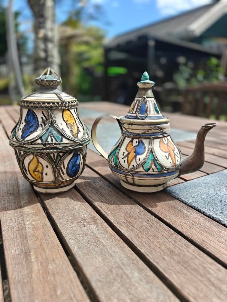 Vintage Marokkaanse theepot en suikerpot set berrad, Ophalen of Verzenden