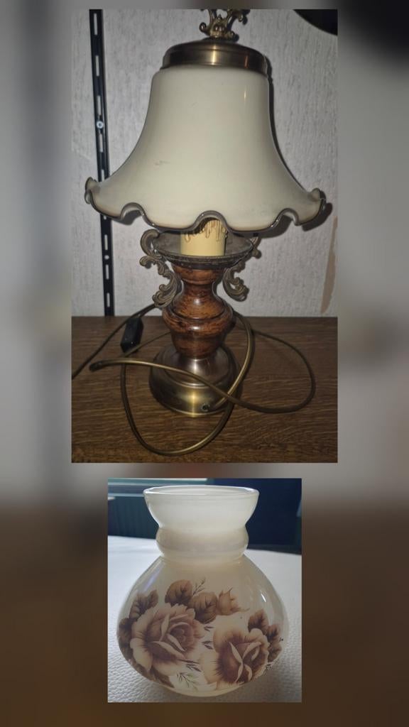 Vintage tafellamp geel melkglas of los 1 glas en bloemmotief, Ophalen of Verzenden