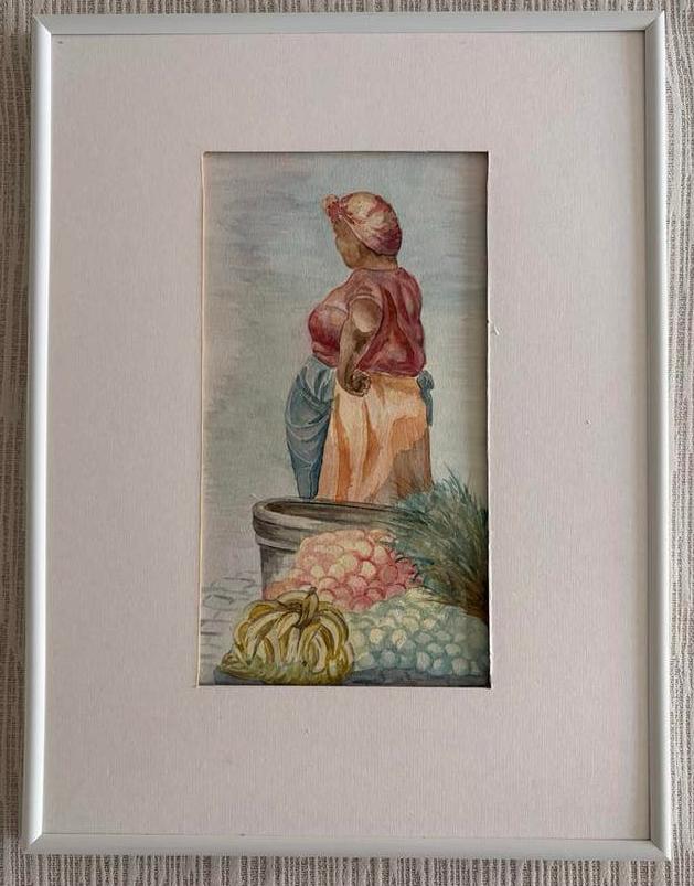 Aquarel 'Fruitmarkt', in passe partout met lijst (31x41cm), Ophalen