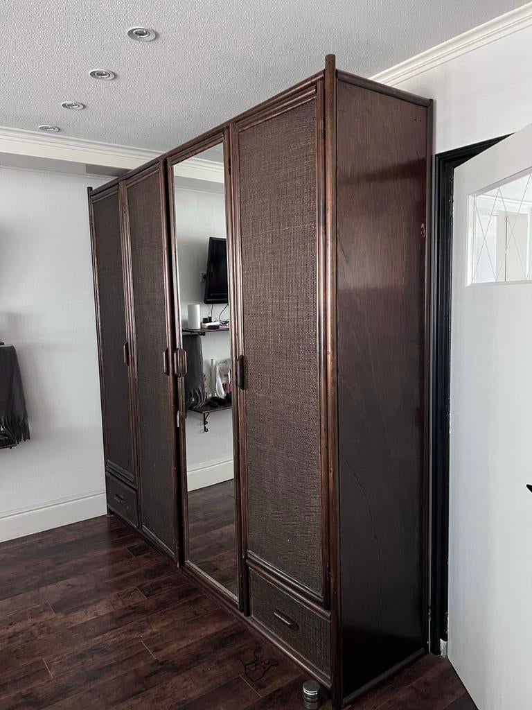 Grote rotan kledingkast met spiegeldeur, Huis en Inrichting, Kasten | Kledingkasten, Gebruikt, 200 cm of meer, 200 cm of meer