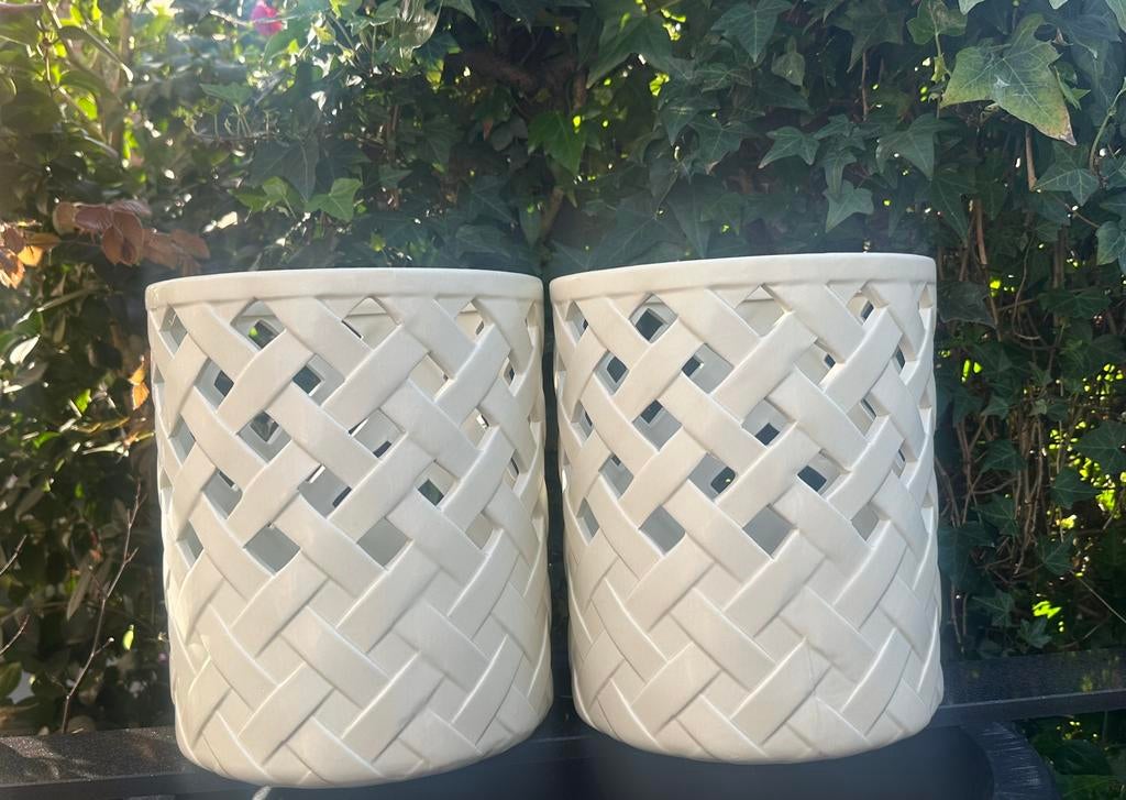 Rivièra Maison twee grote crème keramieken windlichten nieuw, Ophalen, Overige materialen, 25 tot 50 cm, Beige