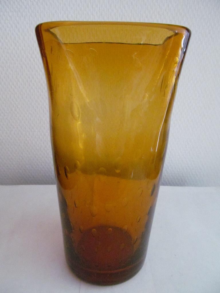 Amberkleur vaas met luchtbellen patroon, handwerk, Ophalen, Overige kleuren, Minder dan 50 cm, Glas