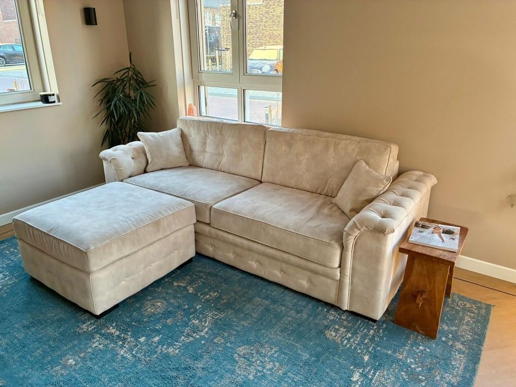 Landelijke velours 3-zits bank + hocker, Huis en Inrichting, Banken | Bankstellen, Ophalen, Gebruikt, Driepersoons, 75 tot 100 cm