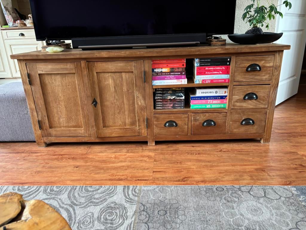 Teakhouten tv meubel, Ophalen, Gebruikt, 150 tot 200 cm, Minder dan 100 cm
