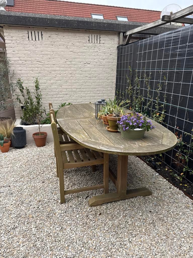 Ovale houten tuintafel met 2 stoelen, Tuin en Terras, Tuintafels, Ophalen, Gebruikt, Ovaal, Hout