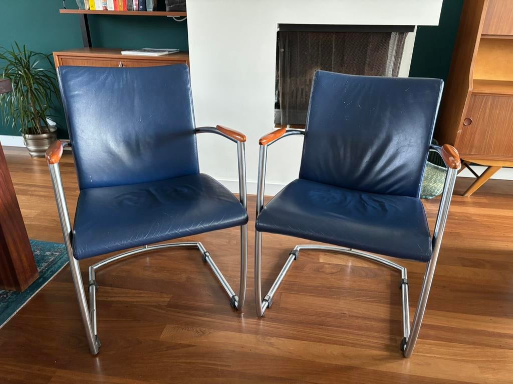 Chrome Hennie de Jong eetkamerstoelen 6 stuks, Gebruikt, Blauw, Vintage, Leer