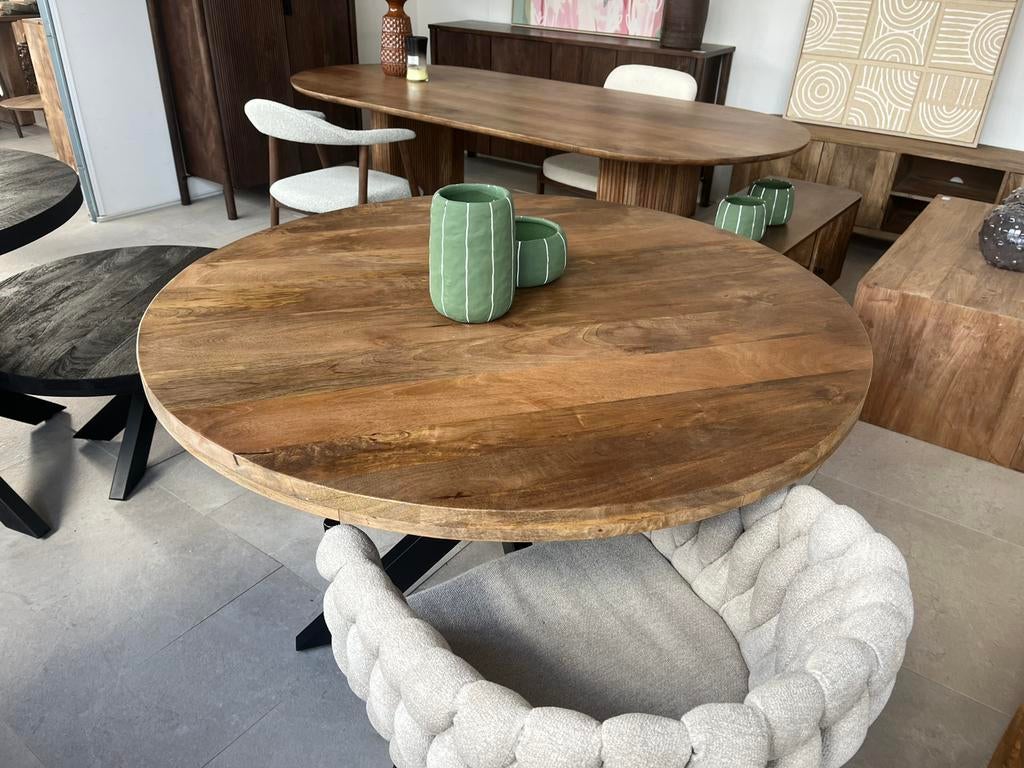Magazijn leegverkoop nieuw ronde eettafel mangohout matrix, Huis en Inrichting, Tafels | Eettafels, Overige houtsoorten, Rond