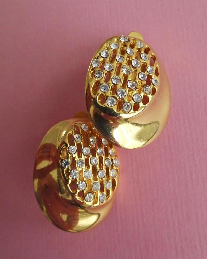 jwg Vintage 70s 80s design oorbellen 14k goud verguld strass, Sieraden, Tassen en Uiterlijk, Antieke sieraden, Oorbellen, Overige materialen