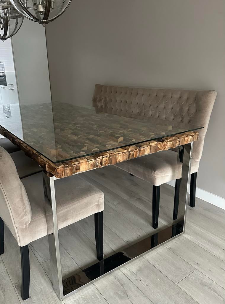 Rofra Houten Eettafel met Stalen Poten en Glazen Blad, Ophalen, Gebruikt, 50 tot 100 cm, 200 cm of meer