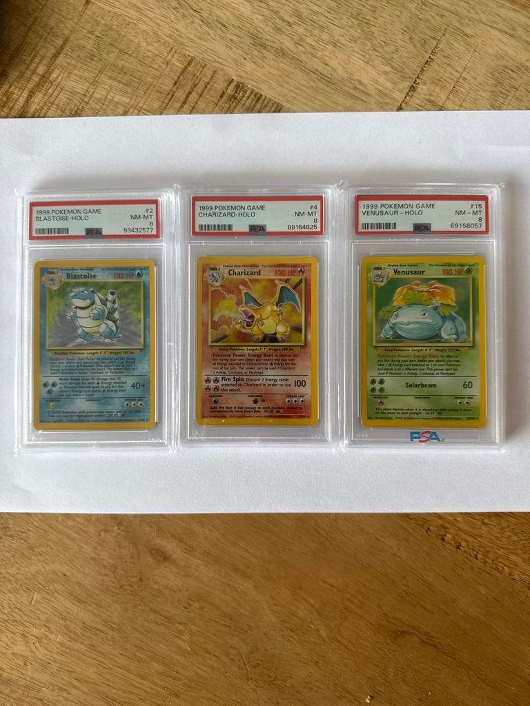 Charizard, Blastoise, Venusaur - Base set - PSA 8, Ophalen of Verzenden, Zo goed als nieuw