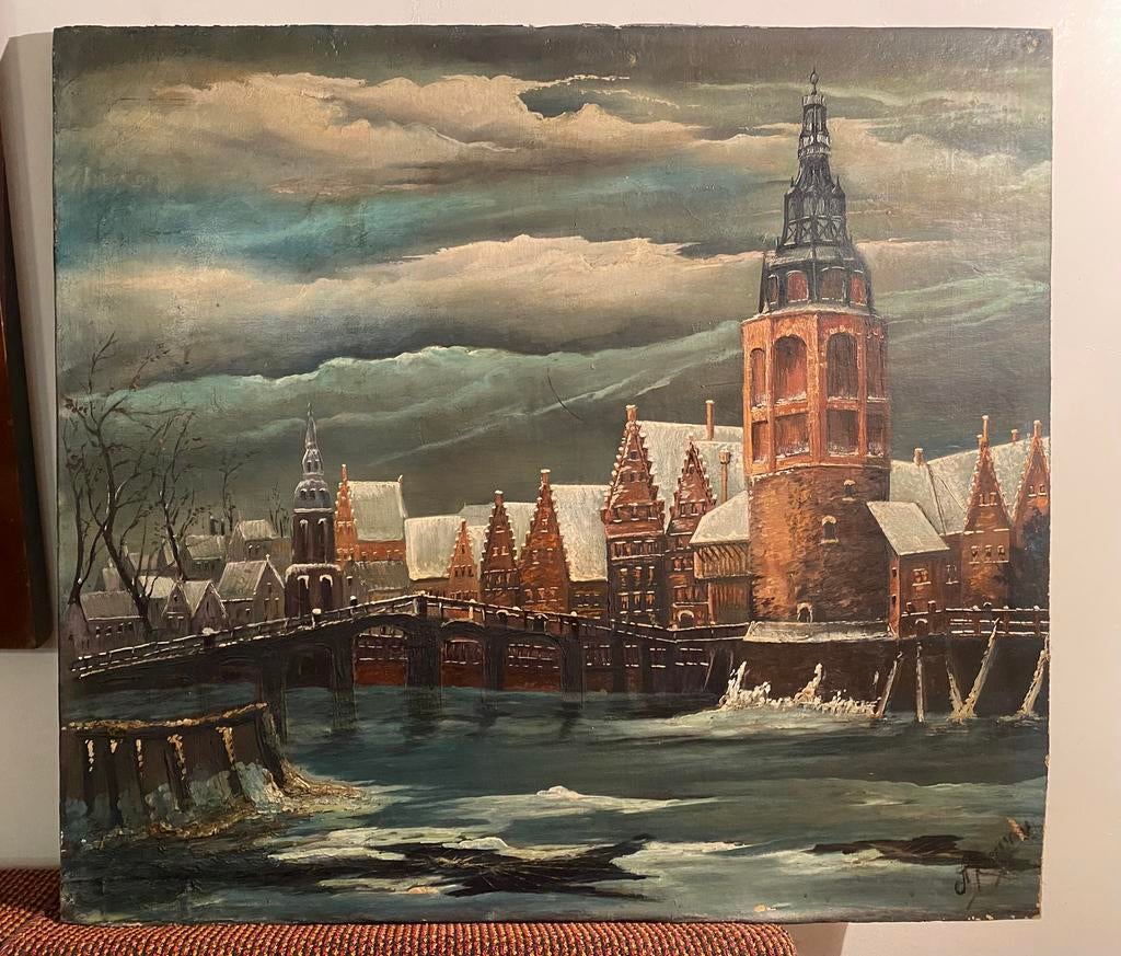 Winters stadsgezicht, Antiek en Kunst, Kunst | Schilderijen | Klassiek, Ophalen
