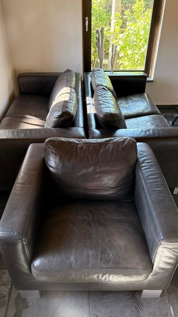 Leren bankstel: 2-zitsbank en fauteuil van Topfrom meubelen, 150 tot 200 cm, Tweepersoons, Ophalen of Verzenden, Zo goed als nieuw