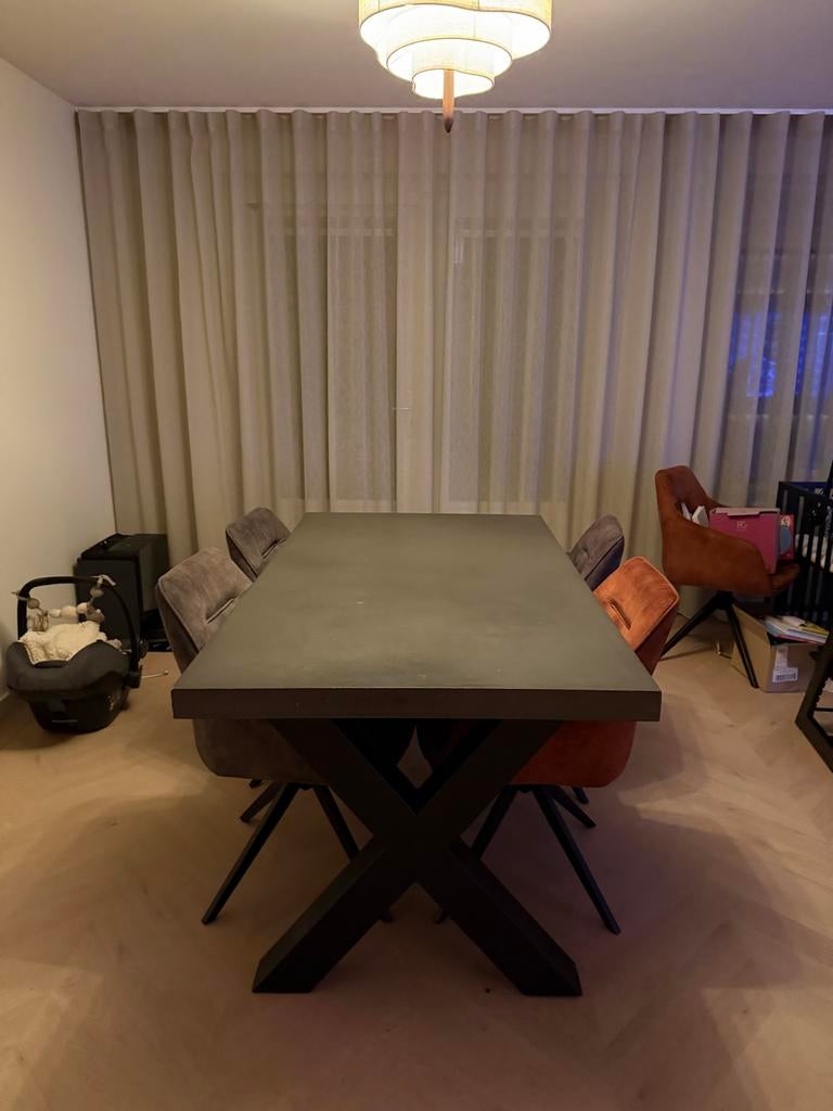 Eettafel met stoelen - grijs, groen & terra cotta, Huis en Inrichting, Tafels | Eettafels, Gebruikt, 100 tot 150 cm, Ophalen of Verzenden