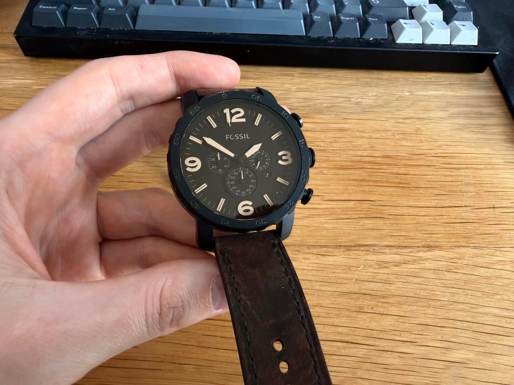 Fossil Nate JR1356 - Herenhorloge 50 mm - Zwart - Goud Bruin, Staal, Polshorloge, Ophalen, Overige merken