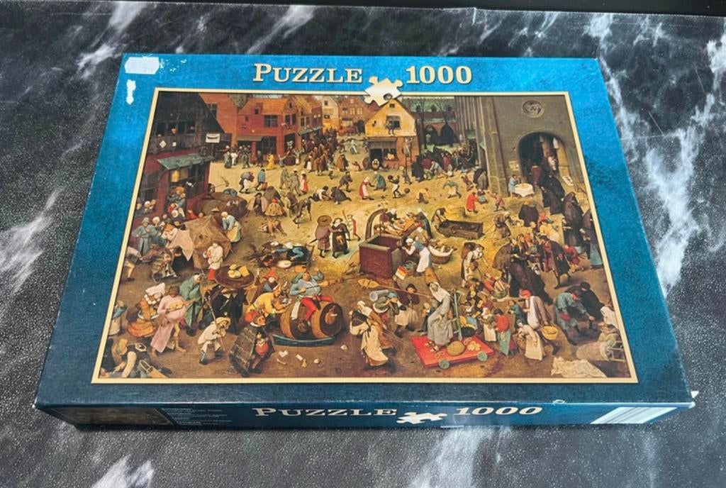 Museum puzzel 1000 stukjes Brueghel gevecht tussen vasten, Ophalen of Verzenden, 500 t/m 1500 stukjes, Zo goed als nieuw