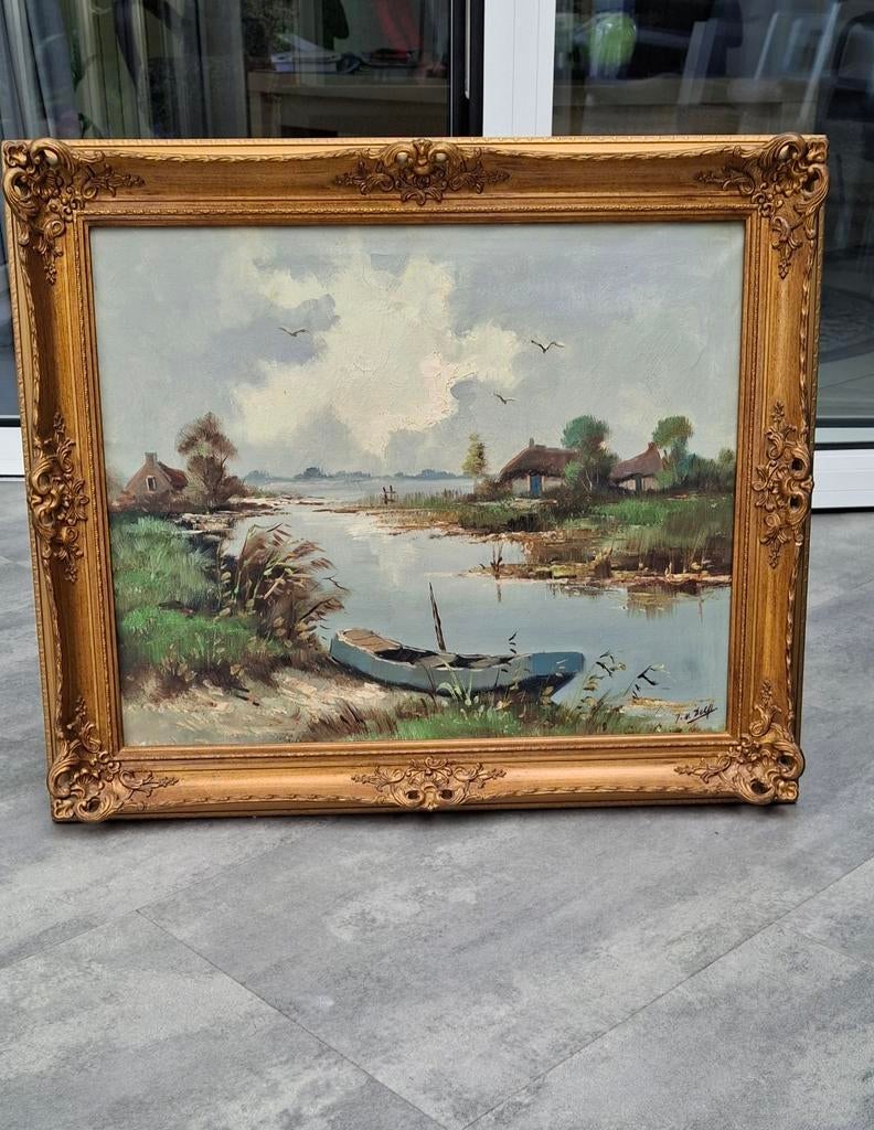 Oud schilderij J.v.Delft, landschap Oost-Waterland, 60x50cm, Antiek en Kunst, Kunst | Schilderijen | Klassiek, Ophalen
