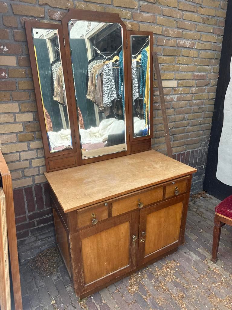 Antieke kaptafel met drieluik spiegel - Vintage meubel, Ophalen, Gebruikt, 100 tot 150 cm, 50 tot 100 cm