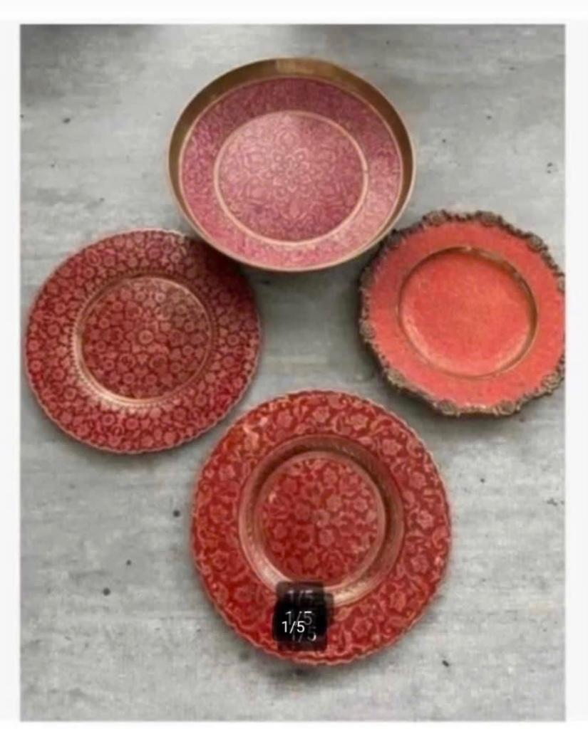 4 x antieke koperen bewerkte schaaltjes kleur pootjes India, Ophalen of Verzenden