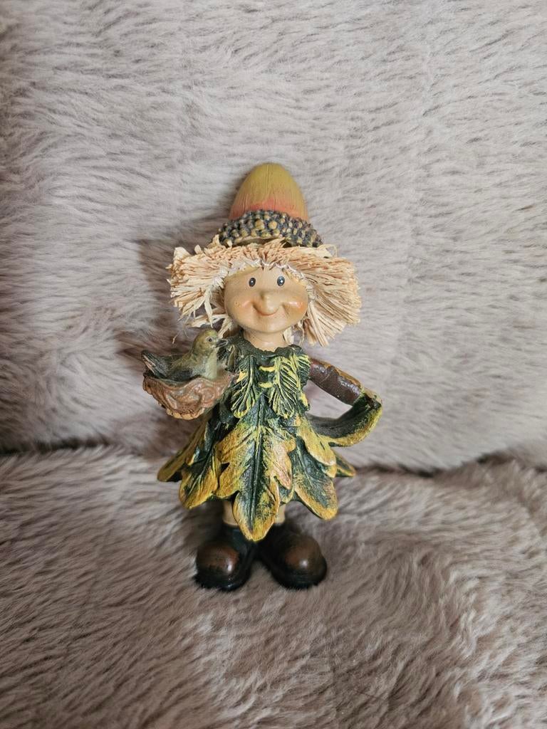 Herfst beeldje kabouter met vogel blad decoratie, Ophalen of Verzenden