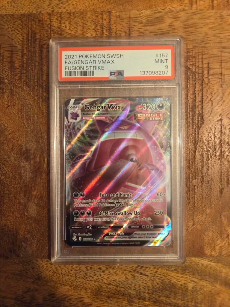 Gengar VMAX Fusion Strike PSA 9 Pokémon Kaart, Ophalen of Verzenden, Zo goed als nieuw, Losse kaart, Foil