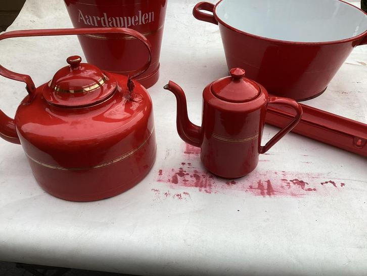 Vintage Rode Emaille Keuken Set, Antiek en Kunst, Antiek | Emaille, Ophalen