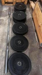 140kg Bumperplates + Olympisch Barbell 220cm, Ophalen, Gebruikt, Halterschijven