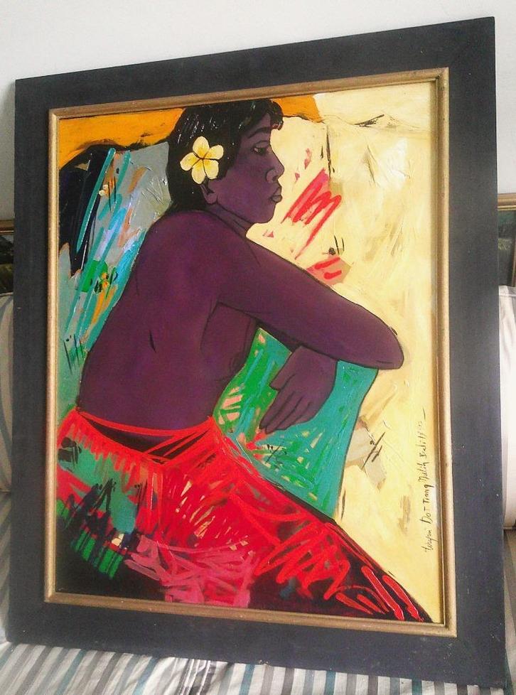 Vrouw met ontbloot bovenlijf  - Krijono (Indon. 1951-2011), Antiek en Kunst, Kunst | Schilderijen | Klassiek, Ophalen