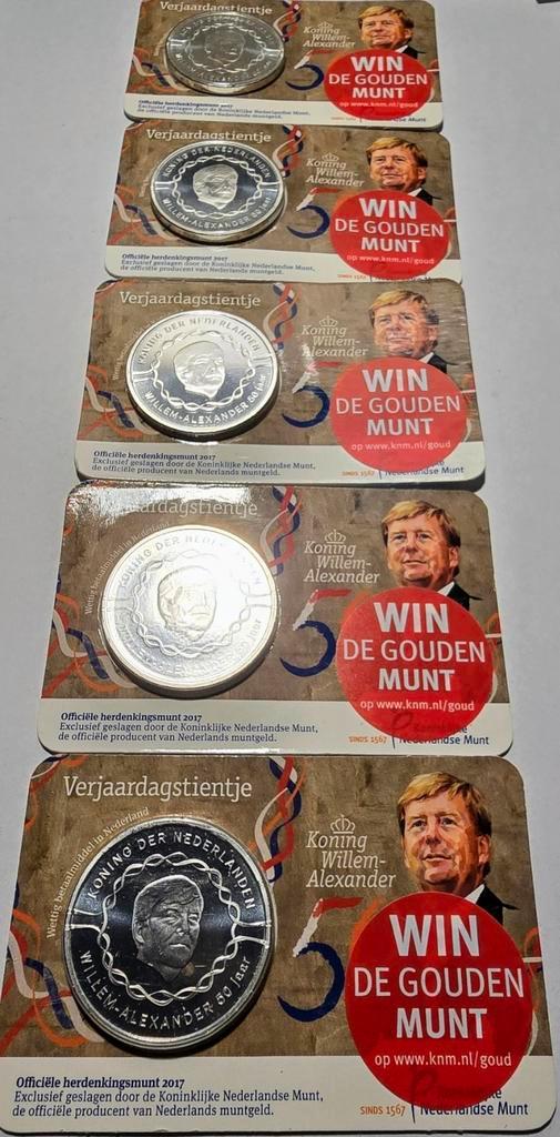 Set van 5 Zwaar Verzilverde 10 Euro 2017 koning 50 jaar, Postzegels en Munten, Munten | Nederland, Setje, Euro's, Zilver, Ophalen of Verzenden