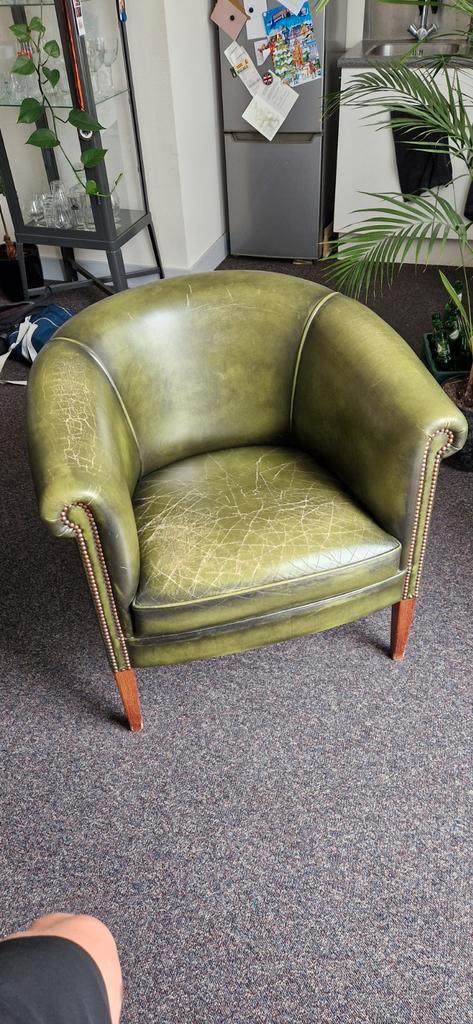 Chesterfield Club Fauteuil - Groen Leer, Huis en Inrichting, Fauteuils, Ophalen