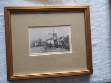 Ets of litho Dorpsgezicht met molen. Ongesigneerd. beschikbaar voor biedingen