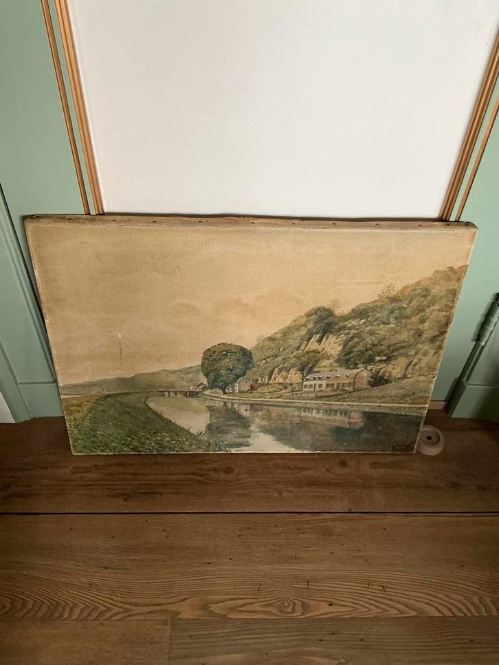 Schilderij v huizen langs de Maas zuid v Maastricht 50 x 70., Antiek en Kunst, Kunst | Schilderijen | Klassiek, Ophalen