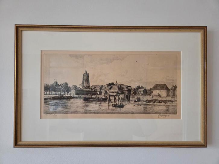 Houtskooltekening Gorinchem, ingelijst, Antiek en Kunst, Kunst | Etsen en Gravures, Ophalen