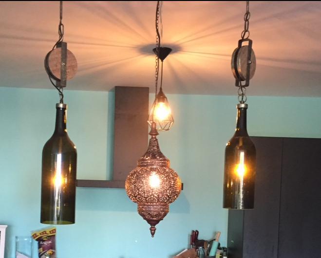 Hanglampen Set met Wijnflessen en Katrollen, Huis en Inrichting, Lampen | Hanglampen, Zo goed als nieuw, 50 tot 75 cm, Glas, Ophalen