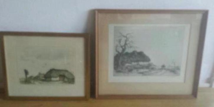2 x prent Dirk Baksteen gesigneerd kempense hoeve kapelletje, Antiek en Kunst, Kunst | Etsen en Gravures, Ophalen