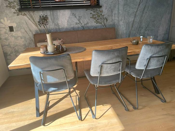 3 Grijsblauwe eetkamerstoelen Xooon met of zonder armleuning, Huis en Inrichting, Stoelen, Zo goed als nieuw, Drie, Leer, Stof