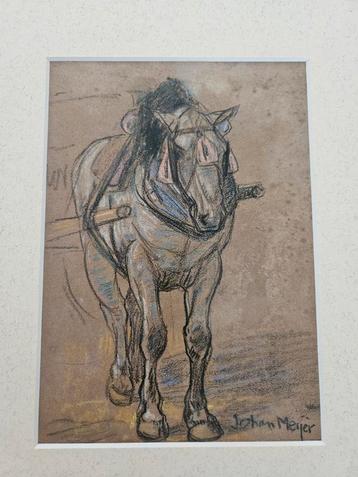 Johan Meier - Pastel Tekening Paard met Museumglas beschikbaar voor biedingen