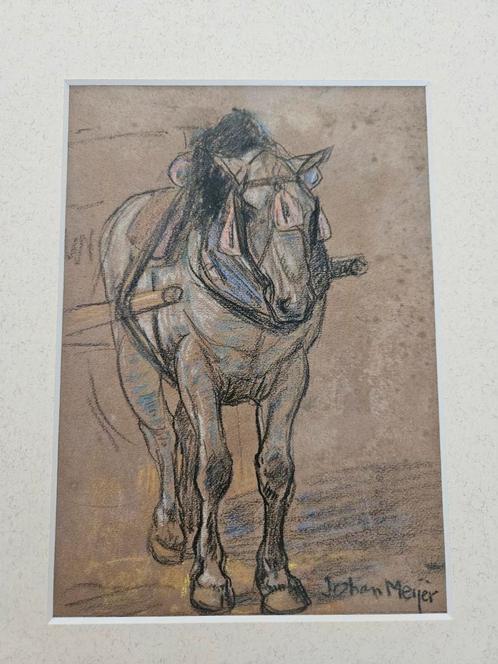 Johan Meier - Pastel Tekening Paard met Museumglas, Antiek en Kunst, Kunst | Tekeningen en Foto's, Ophalen of Verzenden