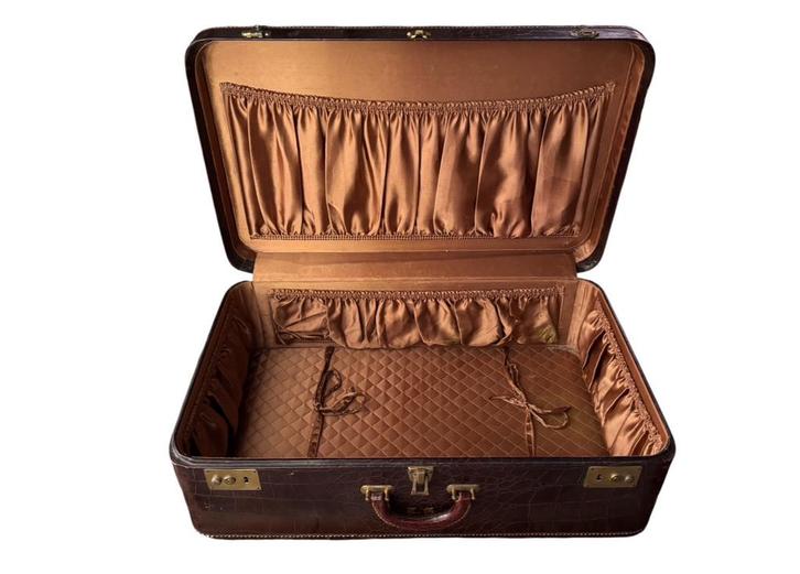 Vintage Lederen Reiskoffer Croco-Motief, Huis en Inrichting, Woonaccessoires | Kisten, Zo goed als nieuw, Minder dan 50 cm, Minder dan 50 cm