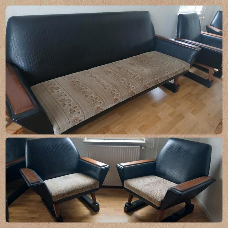 Retro bank met 2 fauteuils, Huis en Inrichting, Banken | Bankstellen, Zo goed als nieuw, Rechte bank, Vierpersoons of meer, 150 tot 200 cm