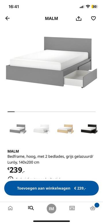 Ikea malm bedframe grijs 140x200 met 2 lades - afbeelding 1