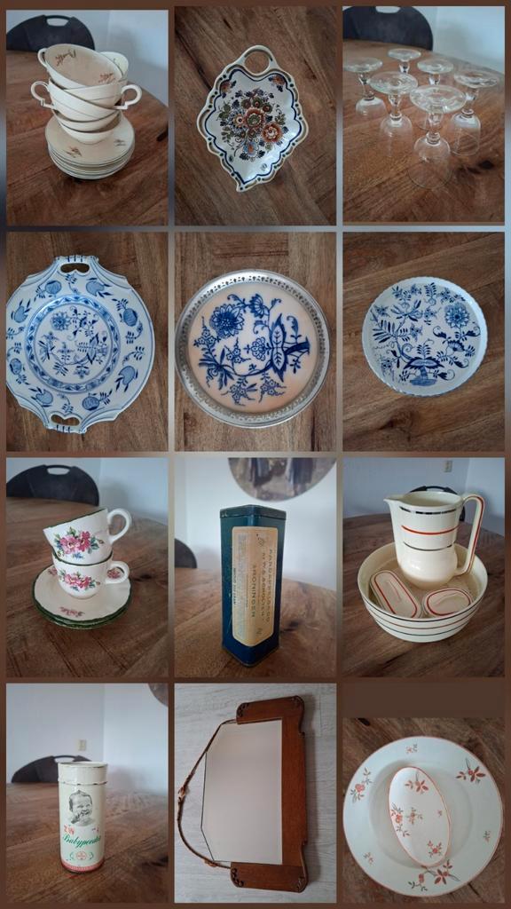 Brocante / antieke spullen o.a Zwiebelmuster borden, Antiek en Kunst, Curiosa en Brocante, Ophalen