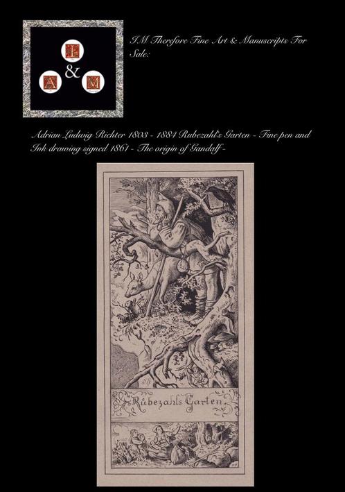 Richer inkt tekening 1861 origine Tolkien’s Gandalf, Antiek en Kunst, Kunst | Tekeningen en Foto's, Verzenden