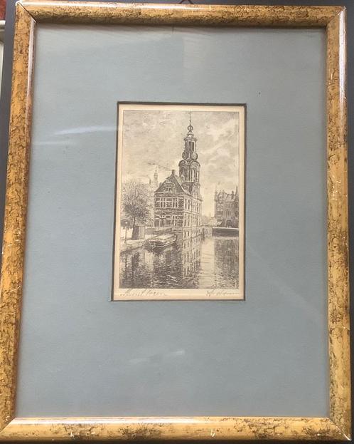 Amsterdam, singel, Munt, Munttoren, est Landre, oud, bloemen, Antiek en Kunst, Kunst | Schilderijen | Klassiek, Ophalen of Verzenden