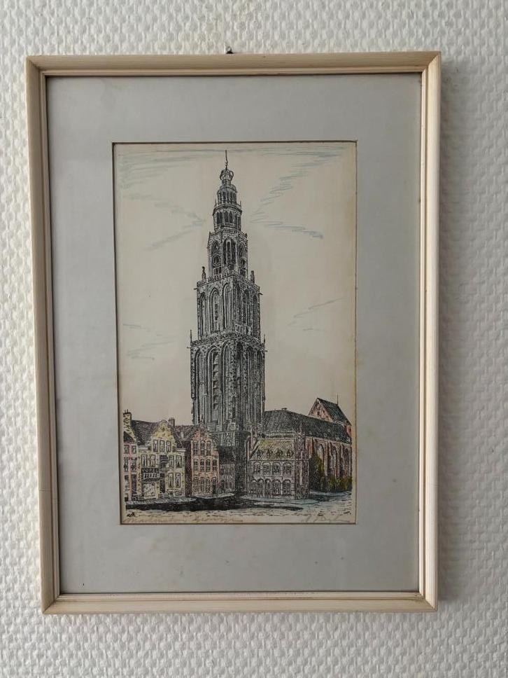 Vintage ingekleurde ets Martinitoren Groningen A.J. v Dijken, Antiek en Kunst, Kunst | Etsen en Gravures, Ophalen of Verzenden