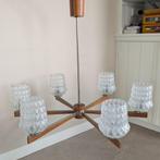 Vintage hanglamp lamp luster luchter. Teakhout Metaal glas, Ophalen, Gebruikt, Glas, 75 cm of meer