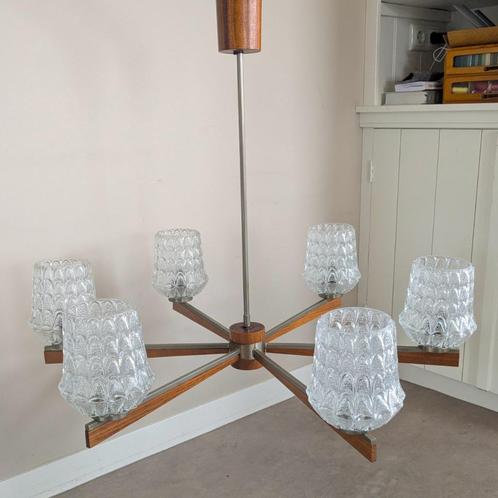 Vintage hanglamp lamp luster luchter. Teakhout Metaal glas, Huis en Inrichting, Lampen | Hanglampen, Gebruikt, 75 cm of meer, Glas