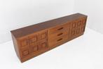 Vintage grafisch teak houten dressoir jaren 60, Ophalen, Teakhout, 200 cm of meer, 25 tot 50 cm