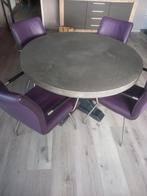 4 paarse lederen eetkamerstoelen met bijpassende tafel, Huis en Inrichting, Gebruikt, Ophalen