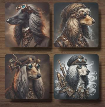 Afghaanse Windhond Steampunk onderzetters met houder beschikbaar voor biedingen